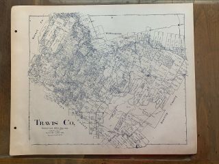 1894 Travis County Texas Map Land Office Austin Blue Line Antique Vintage