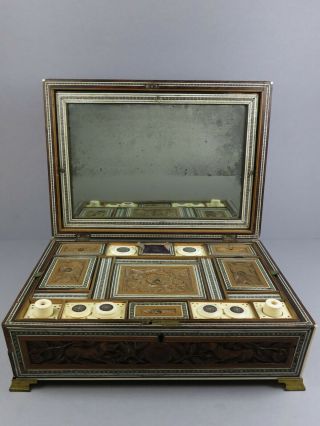 Antique 19th Century Anglo Indian Vizagapatam Sadeli Work Mosaic Sewing Work Box 10