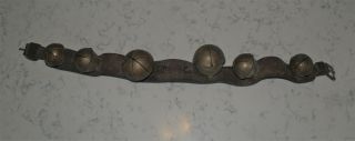 Antique Strand Of Large Horse Brass Sleigh Bells On Leather Strap