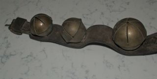 ANTIQUE STRAND OF LARGE HORSE BRASS SLEIGH BELLS ON LEATHER STRAP 2