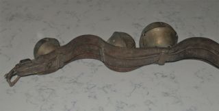 ANTIQUE STRAND OF LARGE HORSE BRASS SLEIGH BELLS ON LEATHER STRAP 8