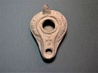 Ancient Oil Lamp With Cross Sign Byzantine Christian 400 - 600 Ad
