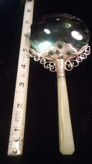 Chinese export magnifying emerald glass w/silver mount w/turquoise & jade handle 5