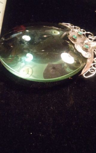 Chinese export magnifying emerald glass w/silver mount w/turquoise & jade handle 8