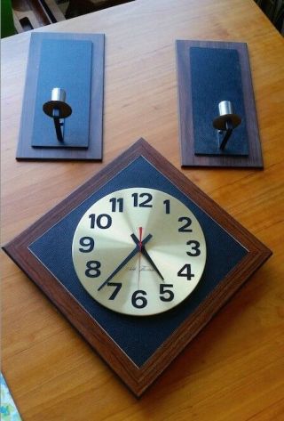 Vintage Mid Century Modernist Seth Thomas Wall Clock,  Taper Sconces