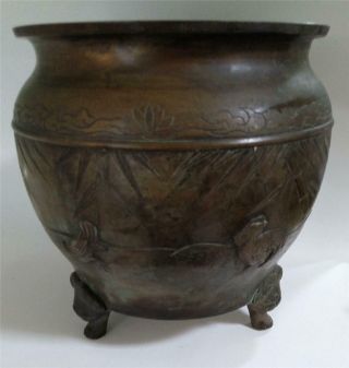 Antique Hand Tooled Thick Bronze Chinese Three - Footed Pot Planter W/roosters