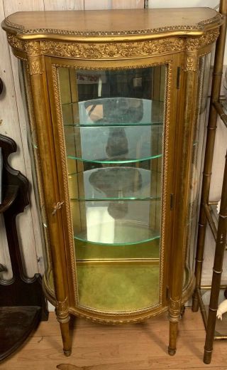 Antique French Louis Xvi Gilded Wood Glass Curio Display Vitrine Cabinet C 1890