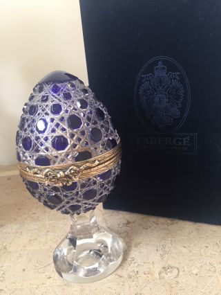 Large Vintage Faberge Imperial Russian Cut Crystal Egg With Neckless,  Signed.
