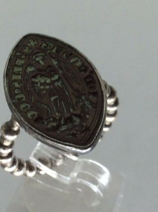 Medieval Rare 13th - 15th Century Silver Bronze Navette Shape Seal Ring.  P US 55.  5 5