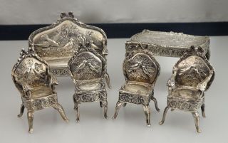 Antique Dutch Dollhouse Silver Miniature Furniture Living Dining Set - 54700