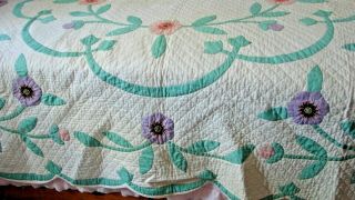 1920s 30s Vintage Gorgeous Hand Made Floral Applique Embroidered Cotton Quilt