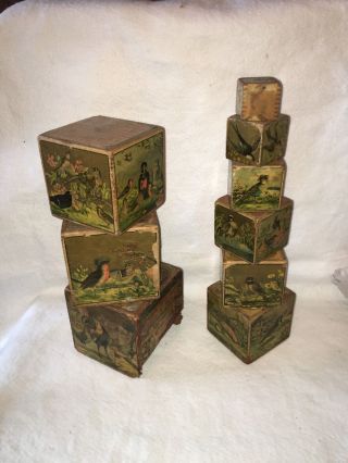 Antique J.  A.  Crandall Litho Paper On Wood Mammoth Story Blocks (9) Ca.  1881 Toy