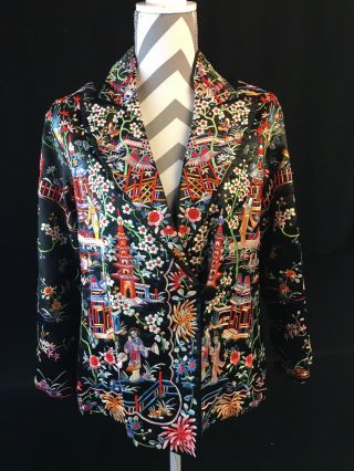 Vintage Chinese Figural Birds Colorful Silk Embroidered Piano Shawl Jacket