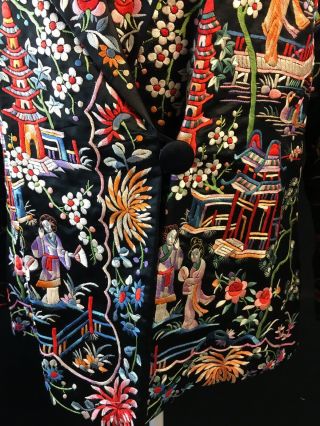 Vintage Chinese Figural Birds Colorful Silk Embroidered Piano Shawl Jacket 2