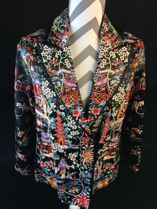Vintage Chinese Figural Birds Colorful Silk Embroidered Piano Shawl Jacket 3