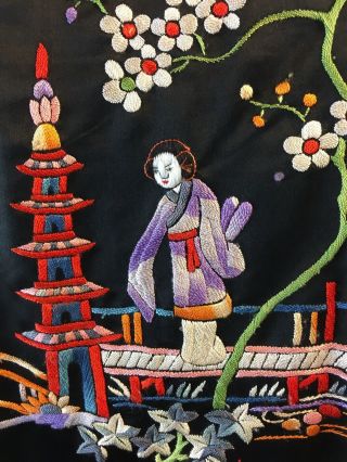 Vintage Chinese Figural Birds Colorful Silk Embroidered Piano Shawl Jacket 7