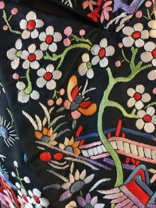 Vintage Chinese Figural Birds Colorful Silk Embroidered Piano Shawl Jacket 9