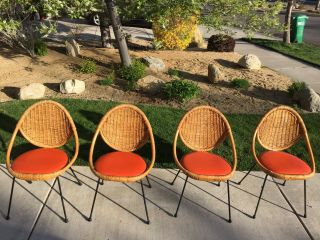 Mid Century Modern Danny Ho Fong,  Wicker Rattan And Iron Dinette Chairs Tropical