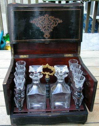 Antique French Sidonie Duboscq Inlaid Ebony Tantalus 2 Decanter 12 Cordial Glass