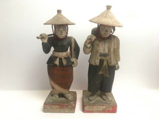 Antique C19th Century Chinese Vietnam Carved And Painted Polychrome Figures