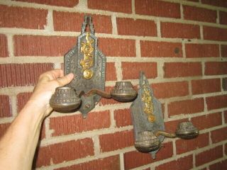 Vintage 1920s/30s Cast Iron Double Wall Sconce Pair With Applied Brass Design