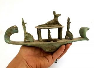 Rare Huge Egyptian Antique Carved Egypt Funerary Boat Barge Horus Anubis 11