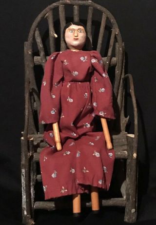 Antique Primitive Folk Art Carved Wood Mountain Toy Doll On Twig Chair Aafa