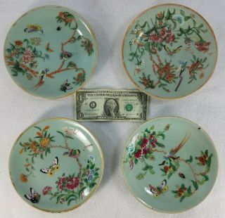 4 Antique Chinese Celadon Porcelain Plates Canton Famille Rose Export 19th C.