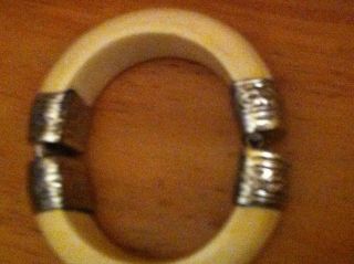 Fine Real Antique Chinese Sterling Silver Bangle Set With Amber Color Bone112g 8