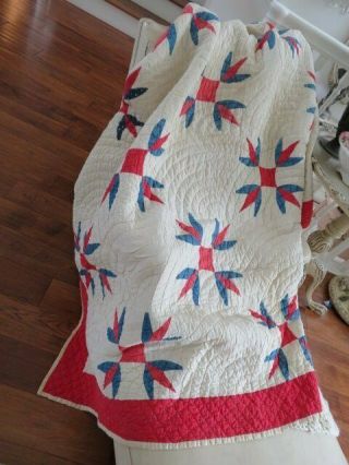 Old Vintage QUILT Red White & Blue Hand Stitched RED BORDER 3