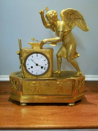 French Gilt Bronze Empire Clock 1800 Angel Arrow Maker Ormolu Versailles Anvil 3