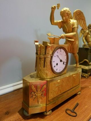 French Gilt Bronze Empire Clock 1800 Angel Arrow Maker Ormolu Versailles Anvil 4