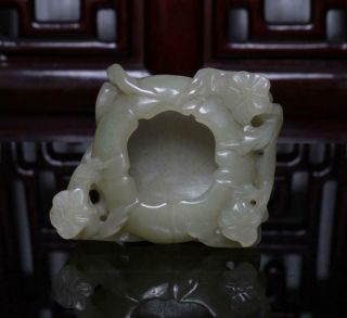 Old Chinese Celadon Nephrite Hetian Jade Brush Washer Statue With Plum