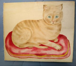 Antique Vintage Folk Art Primitive Theorem Painting Cat 2