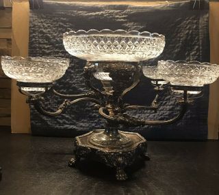 Victorian Epergne Silver Plate W/four Arm W/ Crystal Bowls Rare