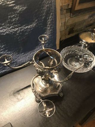 Victorian Epergne Silver Plate W/Four Arm w/ Crystal Bowls RARE 2