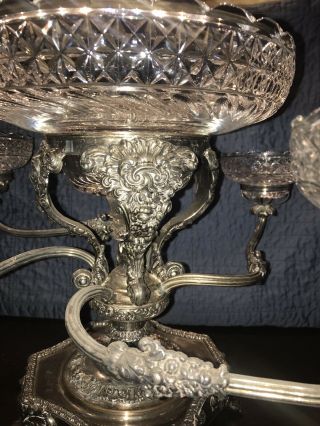 Victorian Epergne Silver Plate W/Four Arm w/ Crystal Bowls RARE 7