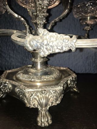 Victorian Epergne Silver Plate W/Four Arm w/ Crystal Bowls RARE 8