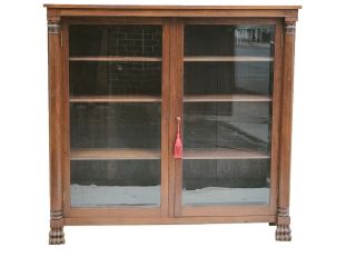 19th C Victorian Beveled Glass Door Walnut Carved Antique Bookcase / China
