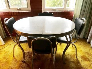 Vintage 1950’s Dinette Dining Room Table Chrome Frame Formica W/ 4 Chairs