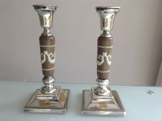 Antique Rare Brown Wedgwood Jasperware & Silver Plated Candlesticks