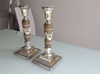 Antique Rare Brown Wedgwood Jasperware & Silver Plated Candlesticks 4