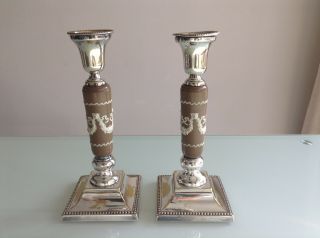 Antique Rare Brown Wedgwood Jasperware & Silver Plated Candlesticks 7