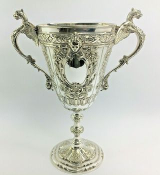 Large Antique Silver Plated Loving Cup Trophy By James Dixon Baroque Style