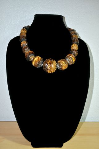 Tiger Eye Vintage Carved Necklace From Before 198o Beautifully Carved From India