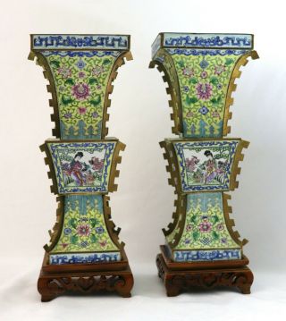 Chinese Enamel On Copper W Brass Temple Vase Pair Antique W Wood Stands 17 "