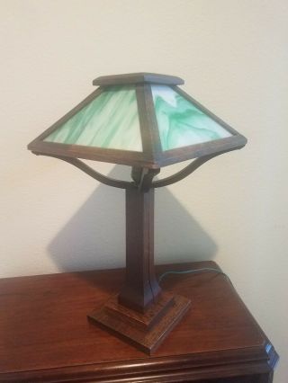 Antique Mission Oak American Arts & Crafts Slag Glass Wood Table Lamp 11