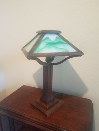 Antique Mission Oak American Arts & Crafts Slag Glass Wood Table Lamp