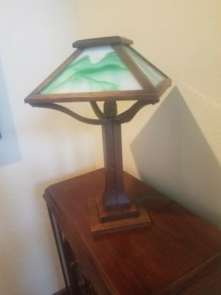 Antique Mission Oak American Arts & Crafts Slag Glass Wood Table Lamp 2