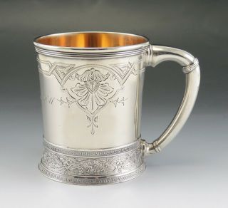Antique 1876 Gorham Sterling Silver Engraved Gold Wash Cup/mug 247g